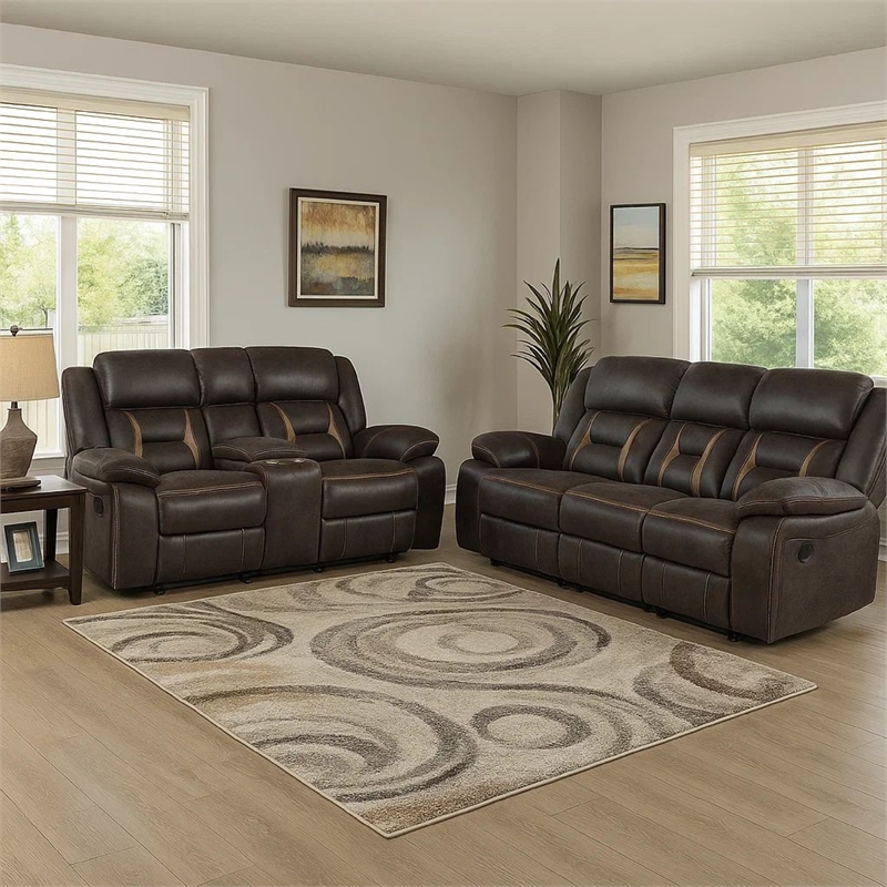 Benjara Garie 2pc Manual Reclining Sofa and Loveseat Set- Brown Faux Leather