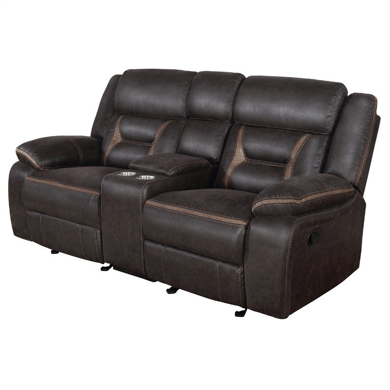 Benjara Garie 2pc Manual Reclining Sofa and Loveseat Set- Brown Faux Leather