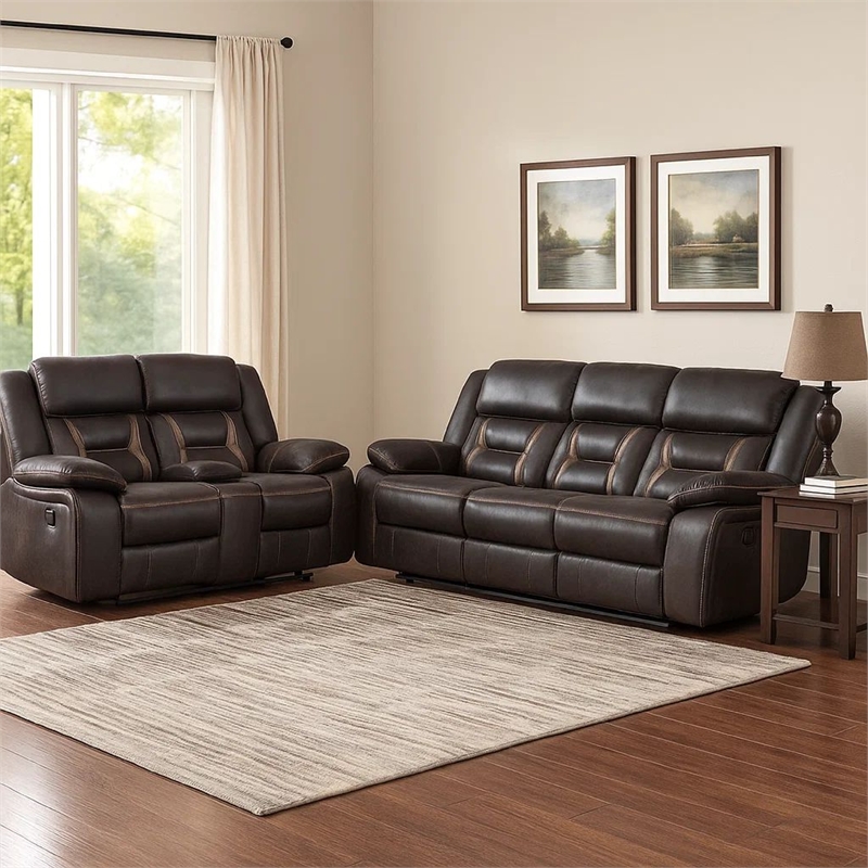 Benjara Garie 2pc Manual Reclining Sofa and Loveseat Set- Brown Faux Leather
