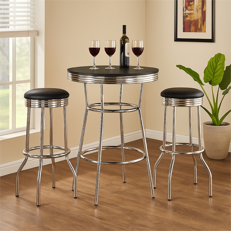 Benjara Loy 3 Piece Retro Bar Table Set- Round Black Top- 2 Stools- Chrome