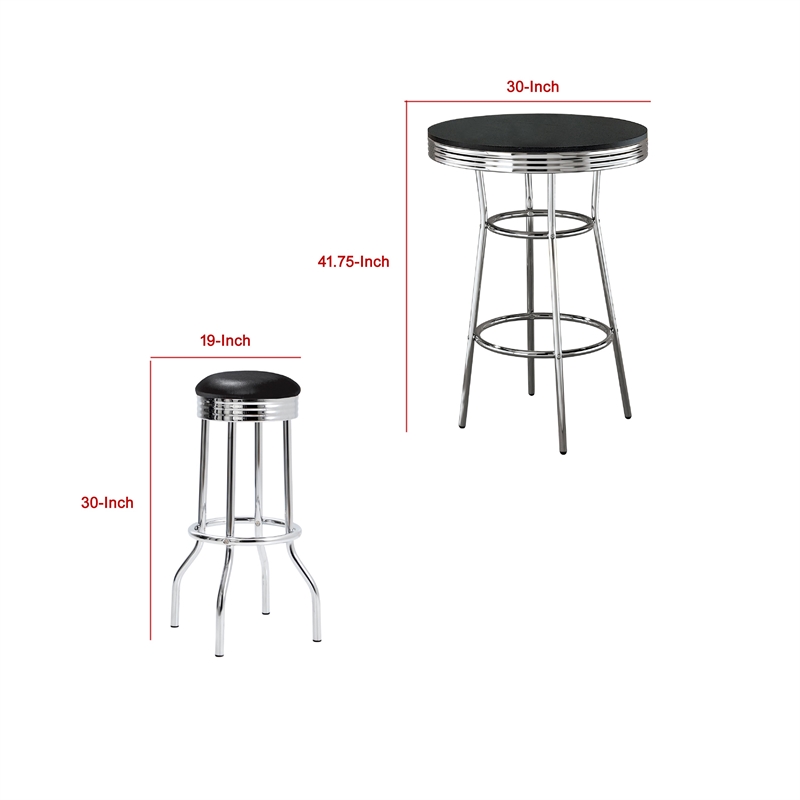 Benjara Loy 3 Piece Retro Bar Table Set- Round Black Top- 2 Stools- Chrome