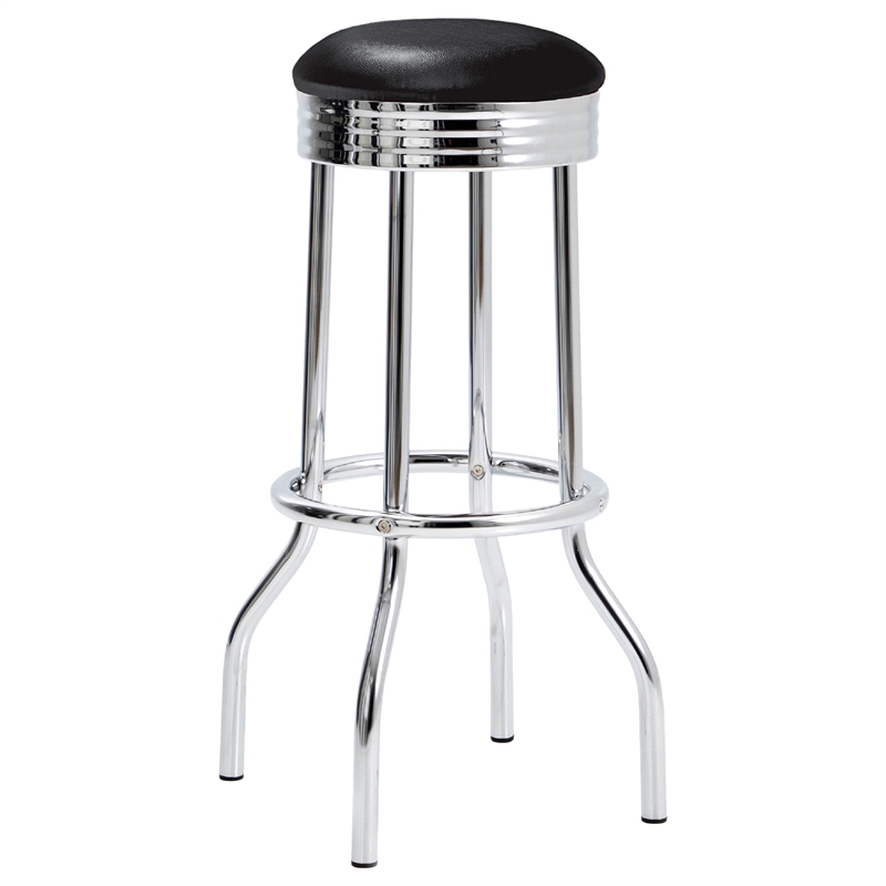 Benjara Loy 3 Piece Retro Bar Table Set- Round Black Top- 2 Stools- Chrome