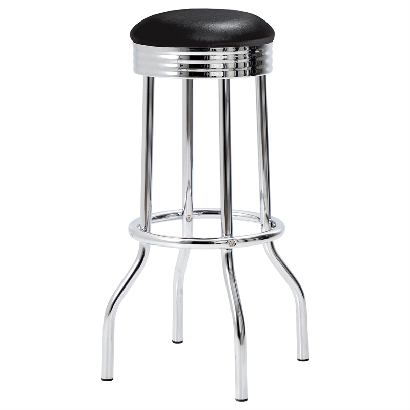 Benjara Loy 3 Piece Retro Bar Table Set- Round Black Top- 2 Stools- Chrome