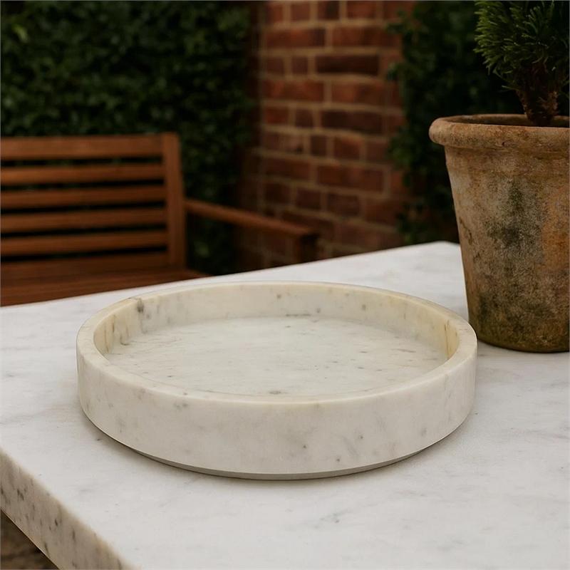 Benjara Accent Decorative Bowl- Tray Edge Antique Style White Marble- 13 Inch