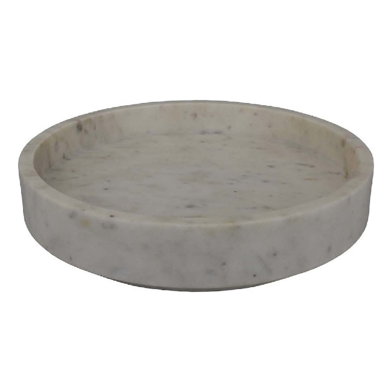 Benjara Accent Decorative Bowl- Tray Edge Antique Style White Marble- 13 Inch
