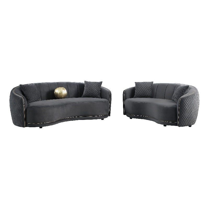 Benjara Buo 2pc Living Room Set- Sofa and Loveseat- Gold Trim- Dark Gray Velvet