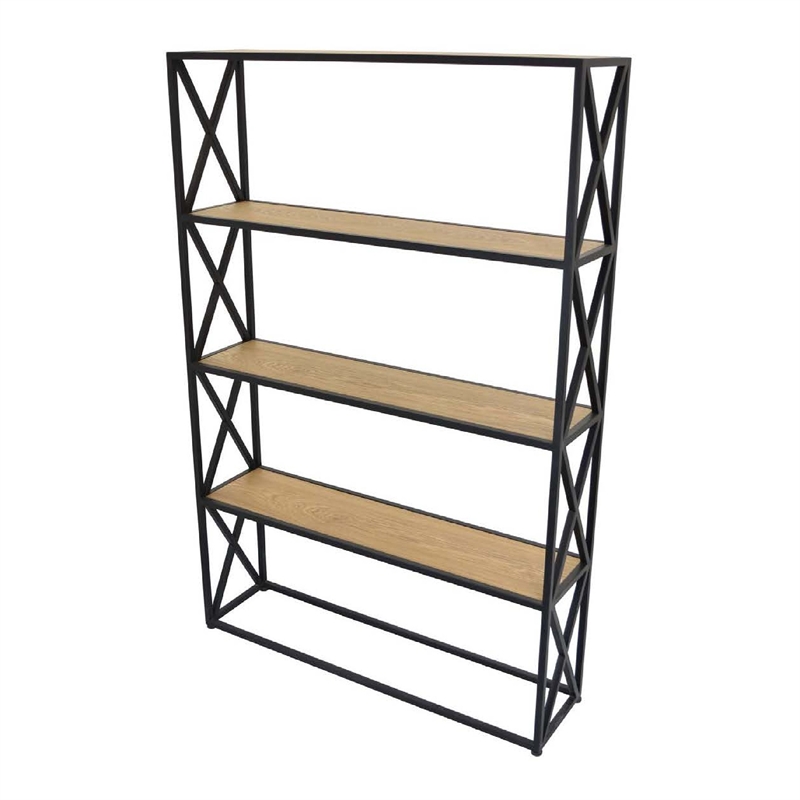 Benjara Lewy Plant Stand- X-Cross Sides- 4 Tier Wood Shelves- Black Metal