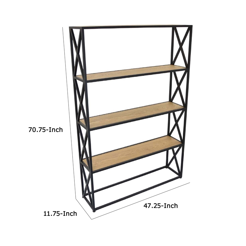 Benjara Lewy Plant Stand- X-Cross Sides- 4 Tier Wood Shelves- Black Metal