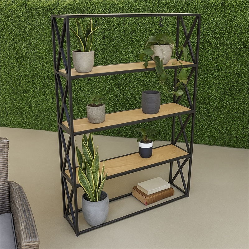 Benjara Lewy Plant Stand- X-Cross Sides- 4 Tier Wood Shelves- Black Metal