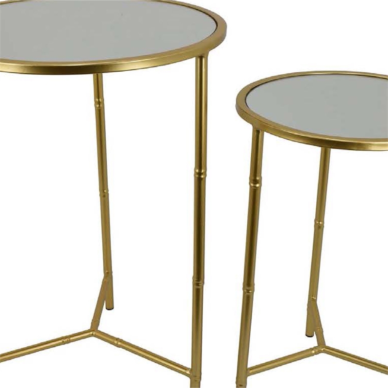 Benjara Modern Plant Stand Table Set of 2- Round Mirror Top- Gold Metal Base