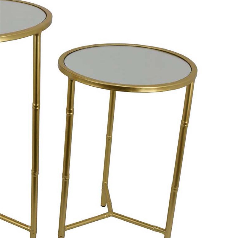 Benjara Modern Plant Stand Table Set of 2- Round Mirror Top- Gold Metal Base
