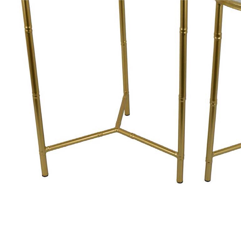 Benjara Modern Plant Stand Table Set of 2- Round Mirror Top- Gold Metal Base