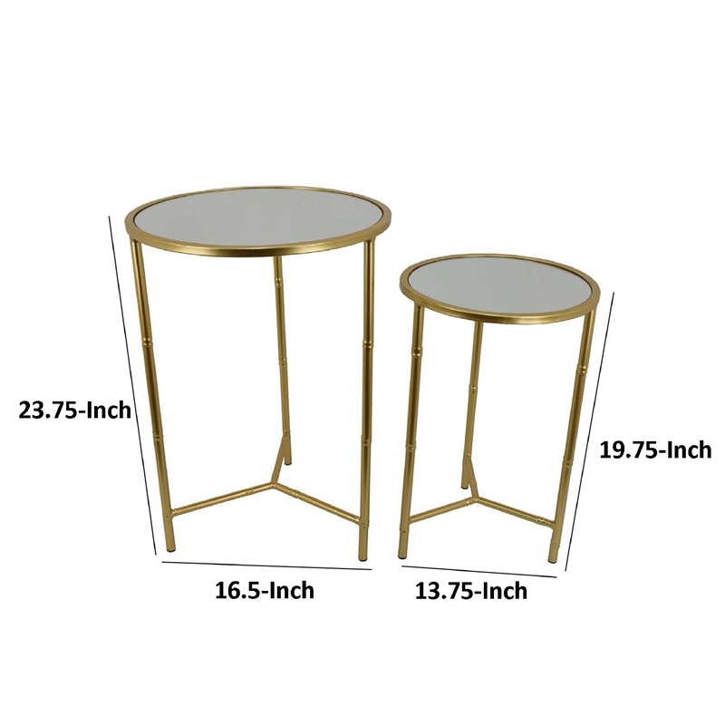 Benjara Modern Plant Stand Table Set of 2- Round Mirror Top- Gold Metal Base