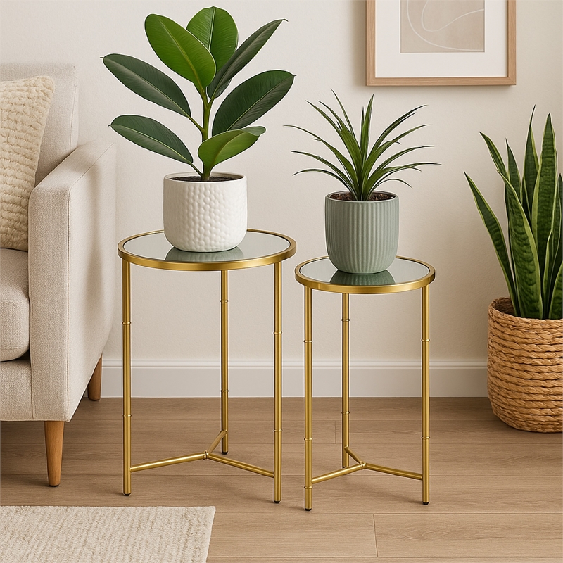 Benjara Modern Plant Stand Table Set of 2- Round Mirror Top- Gold Metal Base