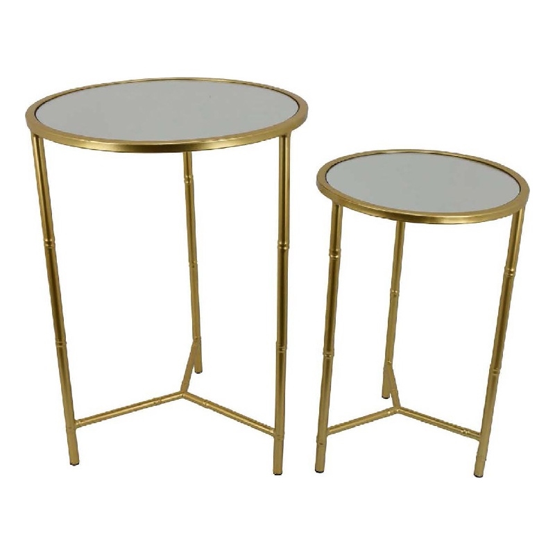 Benjara Modern Plant Stand Table Set of 2- Round Mirror Top- Gold Metal Base