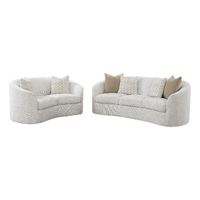 Benjara Tia 2pc Living Room Sofa Set with 6 Accent Pillows- White Boucle