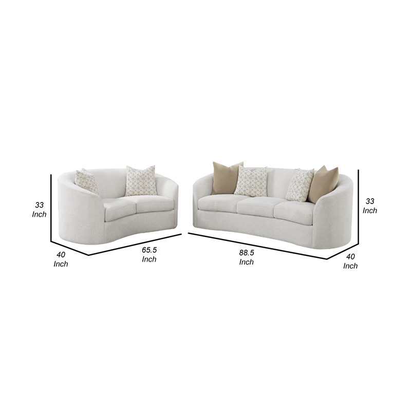 Benjara Tia 2pc Living Room Sofa Set with 6 Accent Pillows- White Boucle