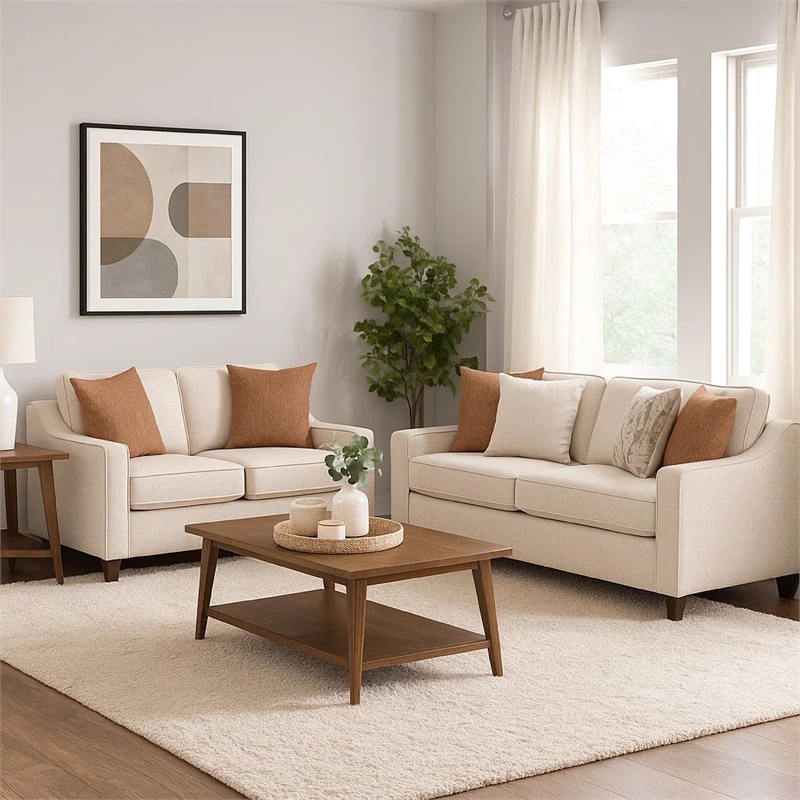 Benjara Kristy 2pc Modern Sofa Set- Sloped Track Arms- Beige Chenille