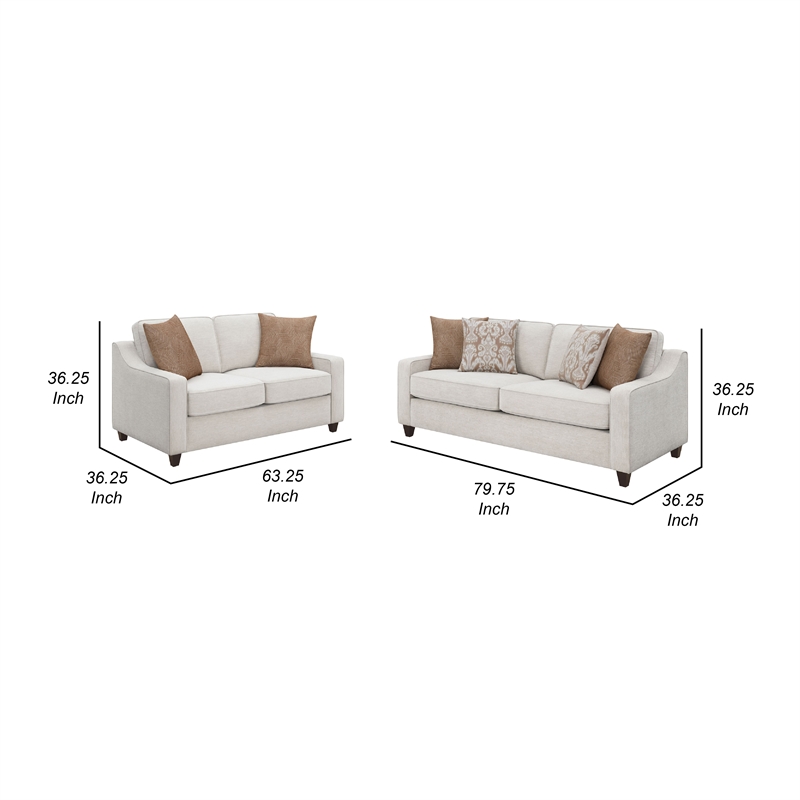 Benjara Kristy 2pc Modern Sofa Set- Sloped Track Arms- Beige Chenille
