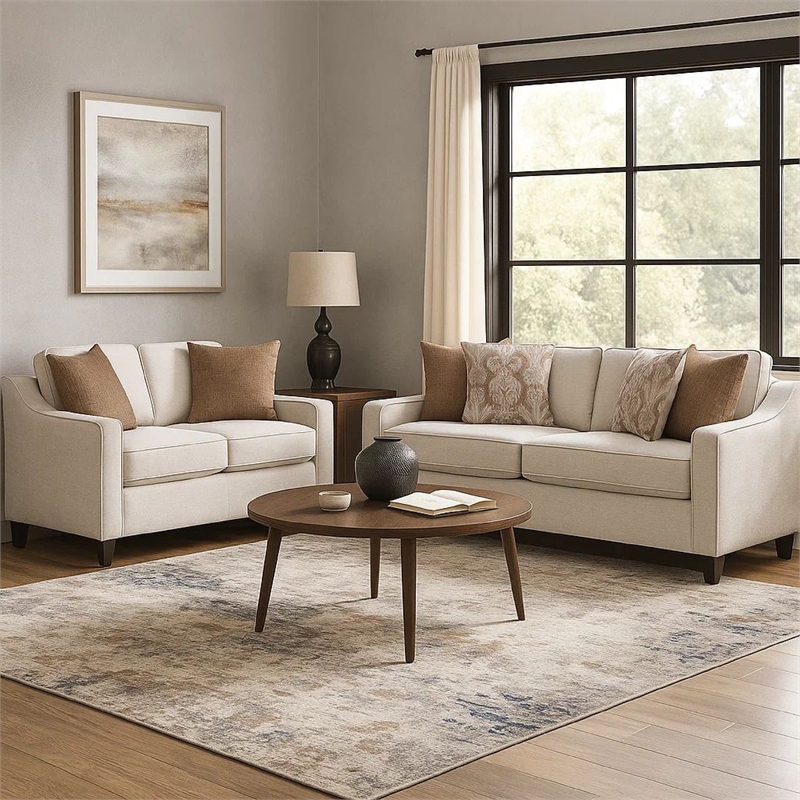 Benjara Kristy 2pc Modern Sofa Set- Sloped Track Arms- Beige Chenille