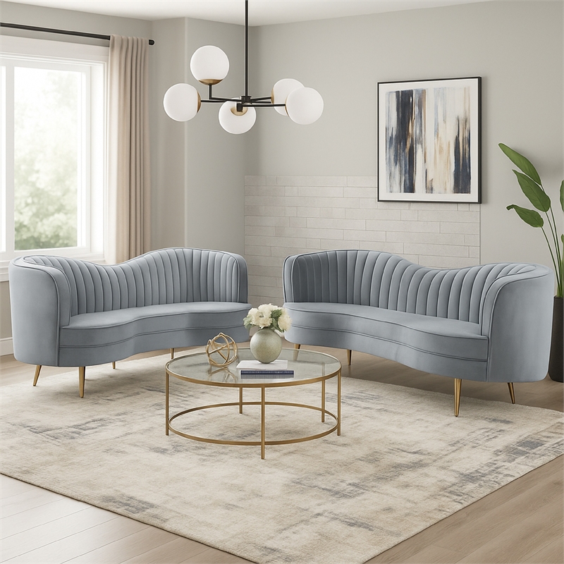 Benjara Enzo 2pc Living Room Sofa Set- Modern Curved- Gray Channel Tufted Velvet