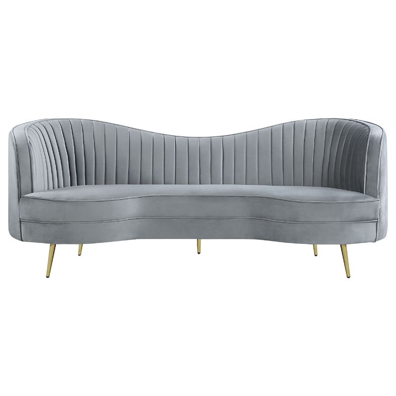 Benjara Enzo 2pc Living Room Sofa Set- Modern Curved- Gray Channel Tufted Velvet
