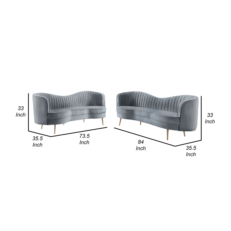 Benjara Enzo 2pc Living Room Sofa Set- Modern Curved- Gray Channel Tufted Velvet