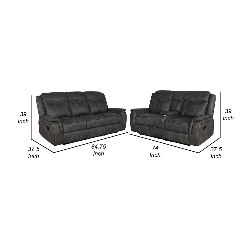 Benjara Tom 2pc Manual Reclining Sofa and Loveseat Set- Black Microfiber