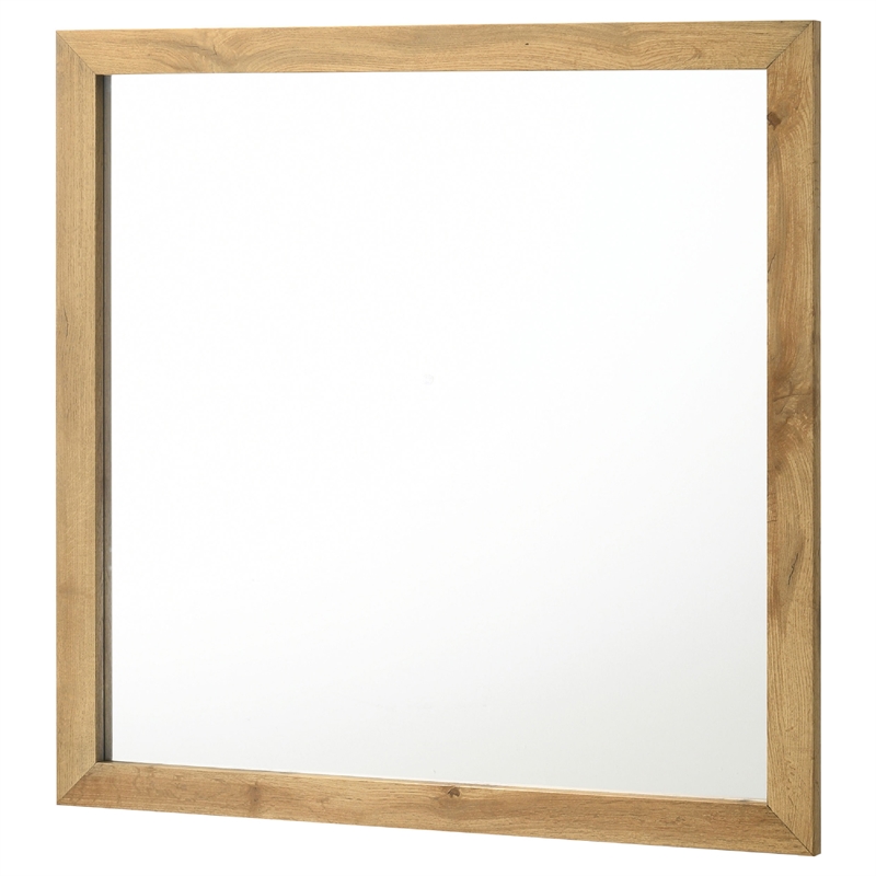 Benjara Wemy Rectangular Dresser Mirror- Flat Glass Design- Natural Pine Wood
