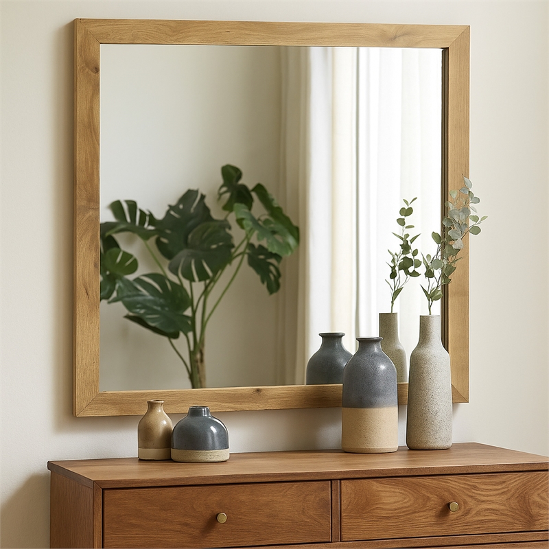 Benjara Wemy Rectangular Dresser Mirror- Flat Glass Design- Natural Pine Wood
