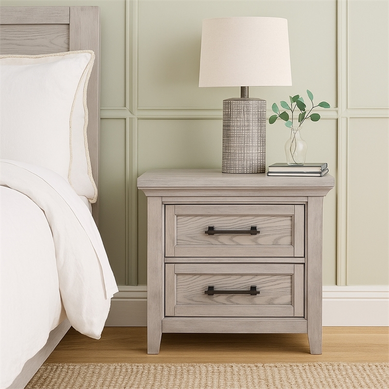 Benjara Bix Nightstand- 2 Dovetail Drawers- Bronze Handles- Light Gray