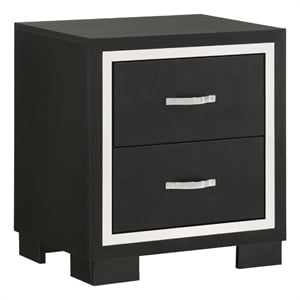 Benjara Geny Nightstand- 2 Drawers- Silver Trim and Metal Handles- Black Wood