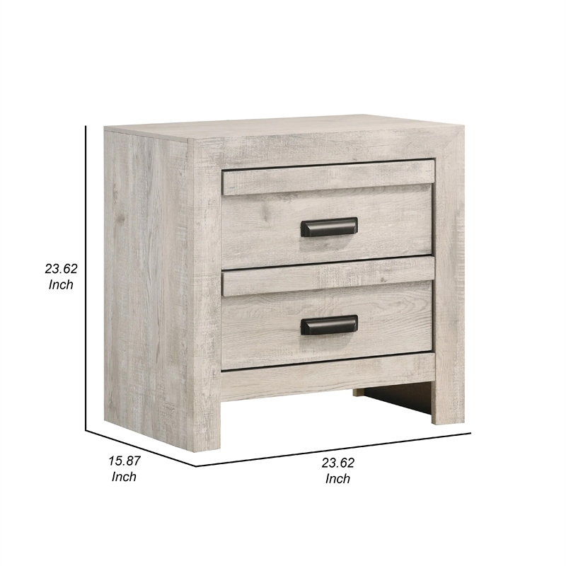 Benjara Velz Nightstand- 2 Drawers- Metal Finger Pull Handles- Weathered Beige