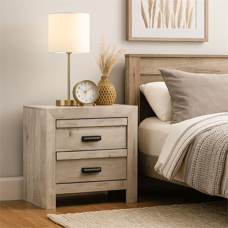 Benjara Velz Nightstand- 2 Drawers- Metal Finger Pull Handles- Weathered Beige