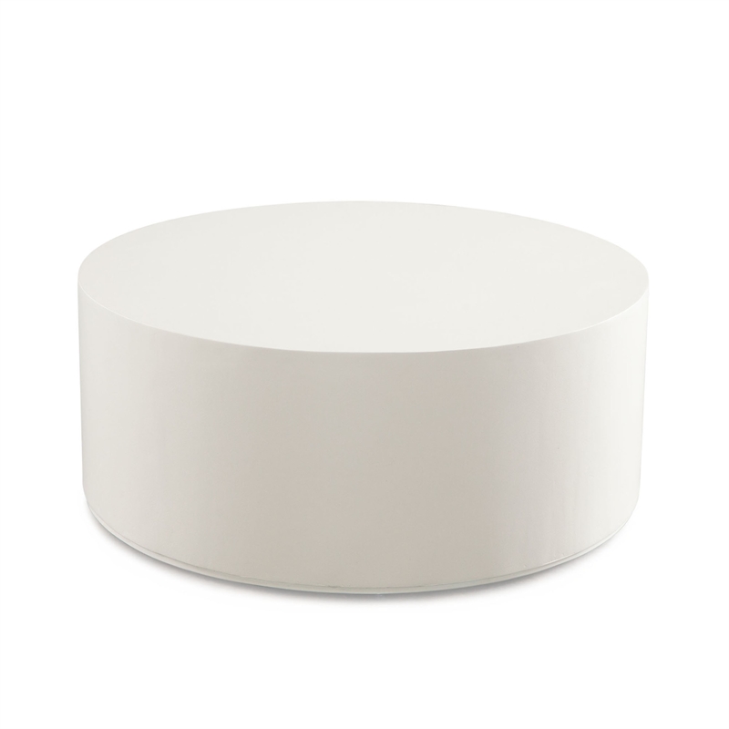 Benjara Viko Round Coffee Table- White Wood Faux Concrete Finish- 39 Inch