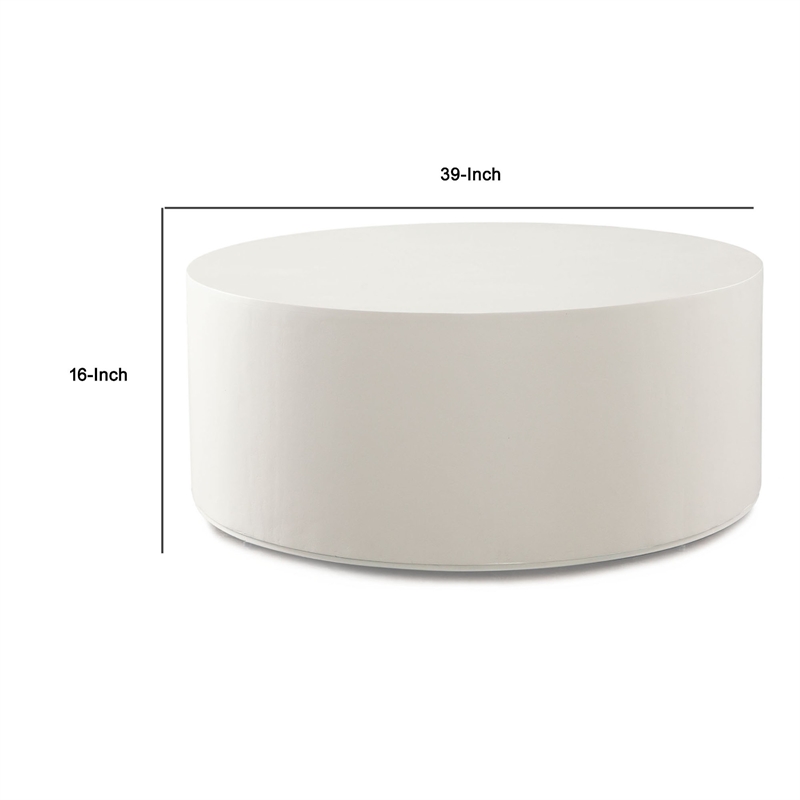 Benjara Viko Round Coffee Table- White Wood Faux Concrete Finish- 39 Inch