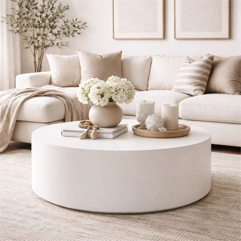 Benjara Viko Round Coffee Table- White Wood Faux Concrete Finish- 39 Inch