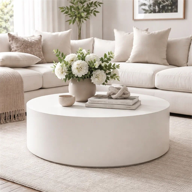 Benjara Viko Round Coffee Table- White Wood Faux Concrete Finish- 39 Inch