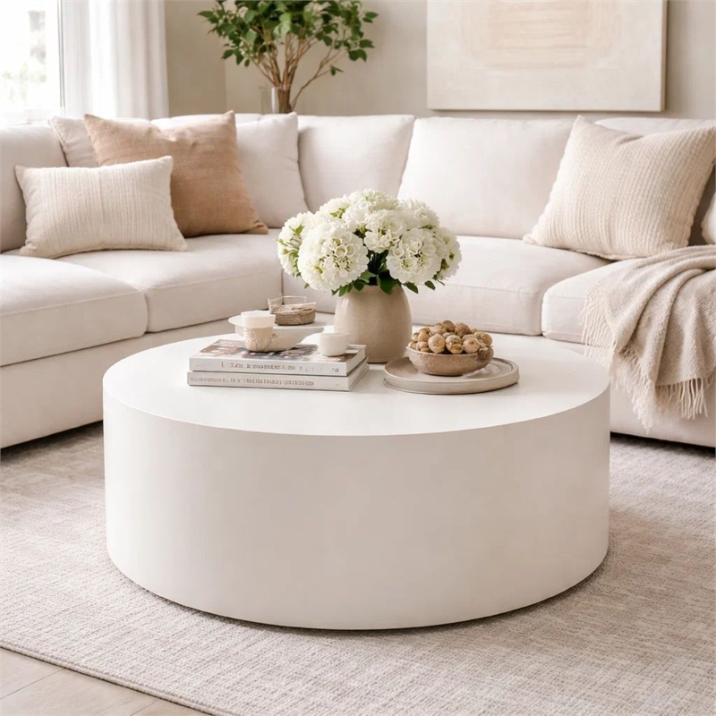 Benjara Viko Round Coffee Table- White Wood Faux Concrete Finish- 39 Inch