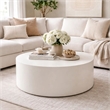 Benjara Viko Round Coffee Table- White Wood Faux Concrete Finish- 39 Inch