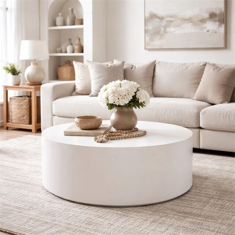 Benjara Viko Round Coffee Table- White Wood Faux Concrete Finish- 39 Inch