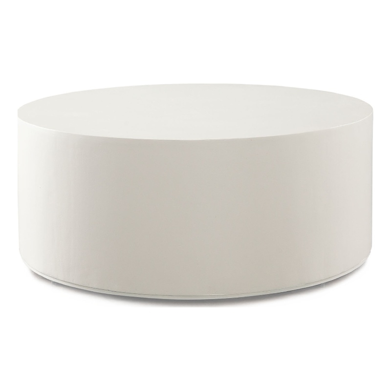 Benjara Viko Round Coffee Table- White Wood Faux Concrete Finish- 39 Inch