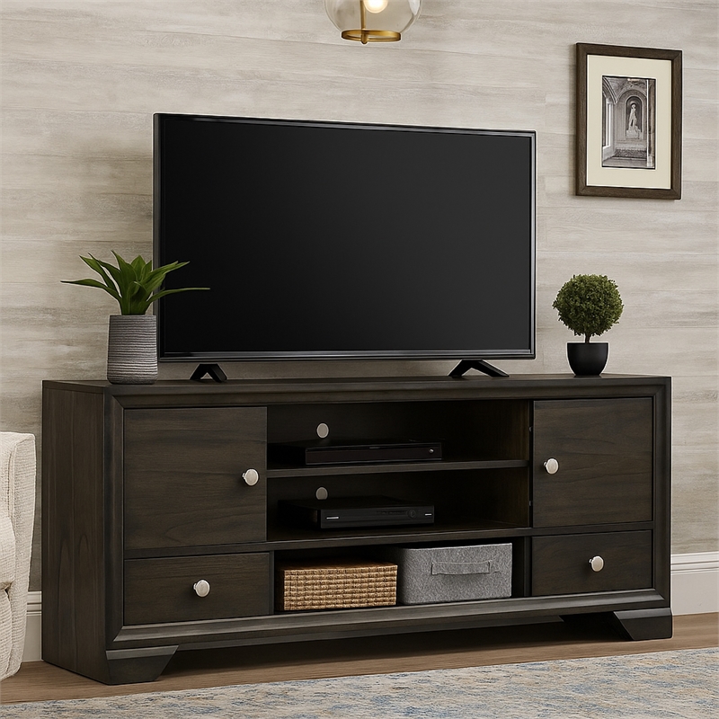 Benjara Jeni TV Media Console- Sliding Doors- 2 Drawers- Rustic Dark Gray
