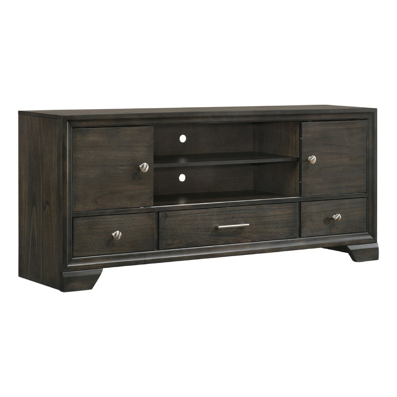 Benjara Jeni TV Media Console- Sliding Doors- 2 Drawers- Rustic Dark Gray