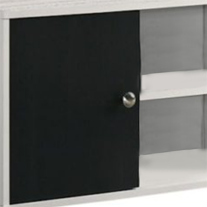 Benjara Akin TV Stand Media Center- 2 Doors w 4 Open Shelves- White- Black Wood