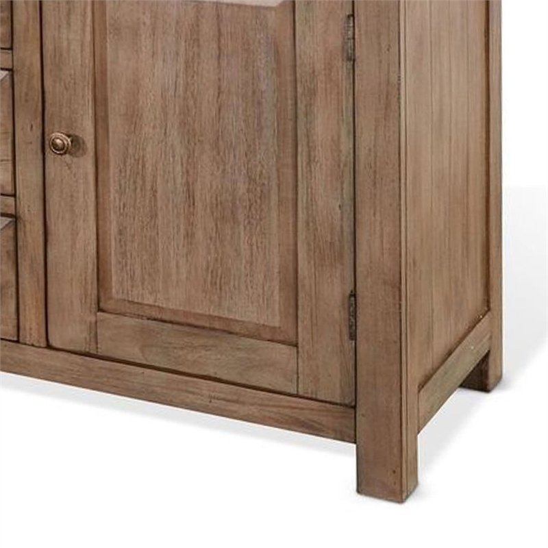 Benjara Yael Buffet Cabinet with Wine Rack- 3 Drawers- Natural Mindi Wood