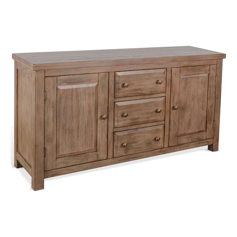 Benjara Yael Buffet Cabinet with Wine Rack- 3 Drawers- Natural Mindi Wood