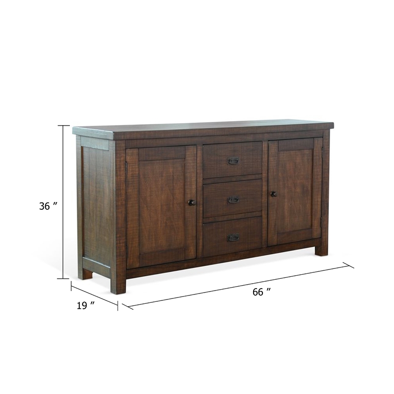Benjara Camie Buffet Cabinet- 3 Drawers- Wine Racks- Brown Mahogany Wood