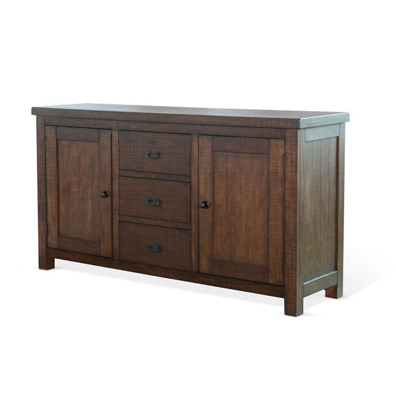 Benjara Camie Buffet Cabinet- 3 Drawers- Wine Racks- Brown Mahogany Wood