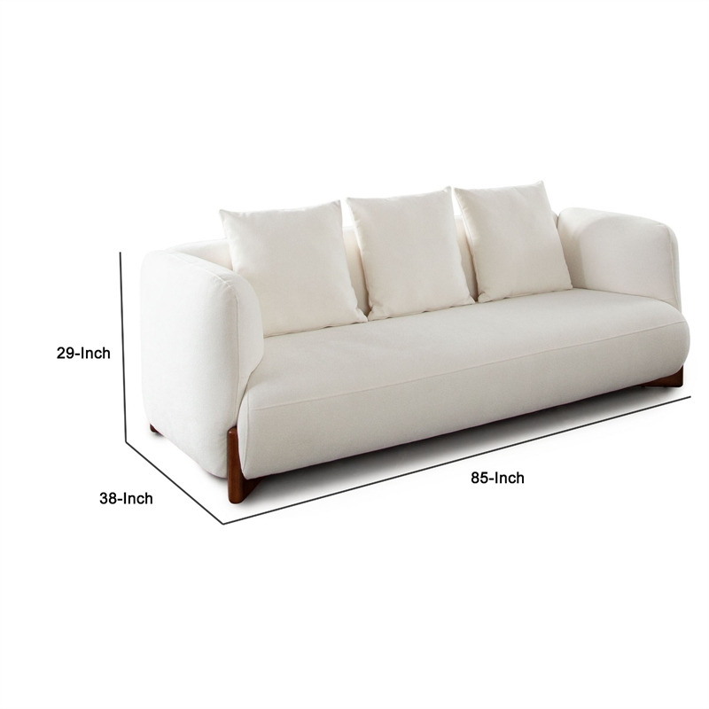 Benjara Kiol Sofa- 3 Accent Pillows- White Padded Polyester Seating- 88 Inch
